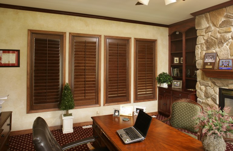 Hardwood plantation shutters in a Raleigh home office